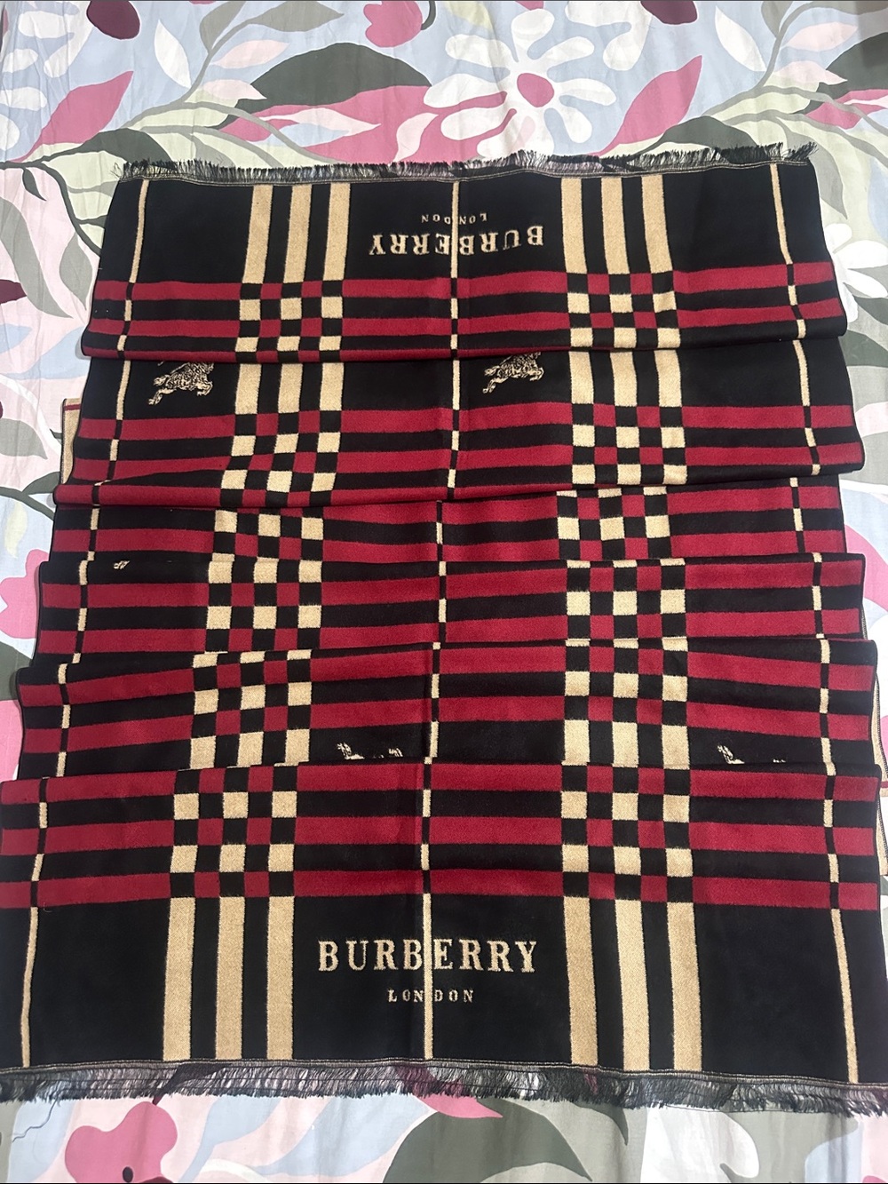 Burberry Black, Red & Cream Plaid Logo Scarf NWT